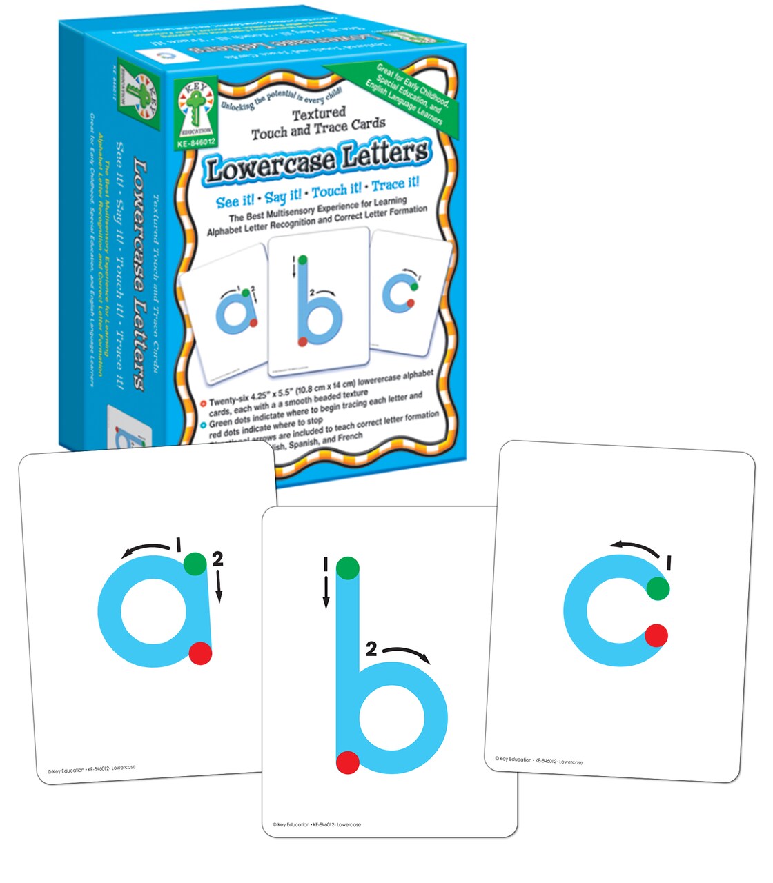 Key Education Textured Touch and Trace Alphabet Flash Cards, 26 Lowercase Letter Tracing Flashcards, abc Preschool and Kindergarten Learning Activities